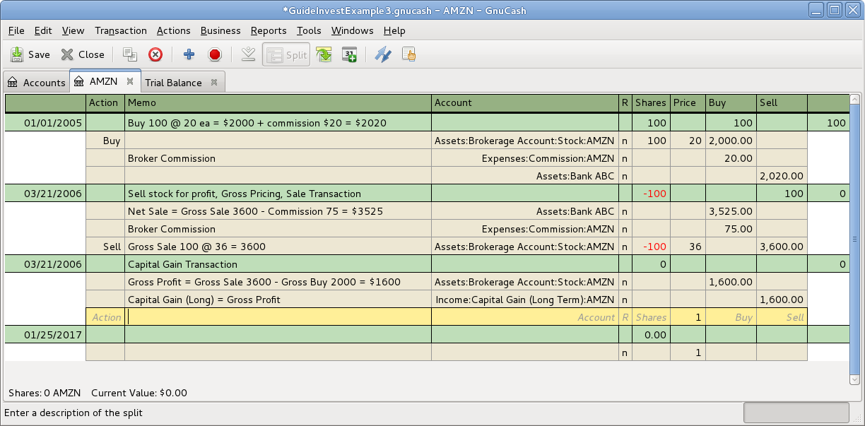 Selling Shares for Gain Where the Sale and Gain are Recorded in Separate Transactions, in Transaction Journal View