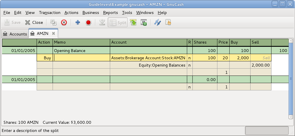 The Transaction Register Of The AMZN Account After The First Purchase