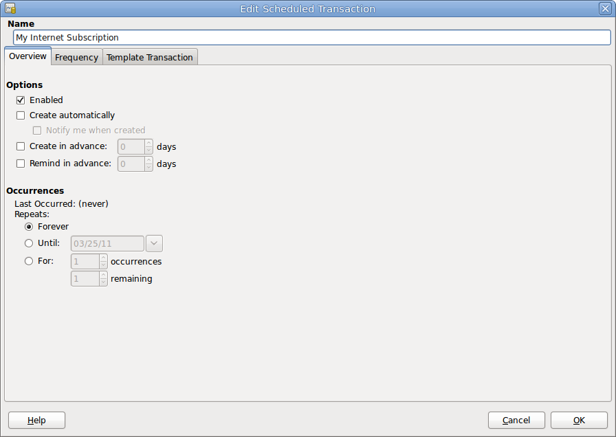 Overview Tab Of The Edit Scheduled Transaction Window